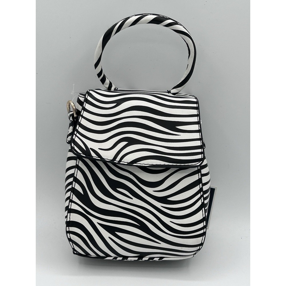 KAARI Blue Zebra Print Mini Top Handle Crossbody BagBlack White Faux Leather NWT